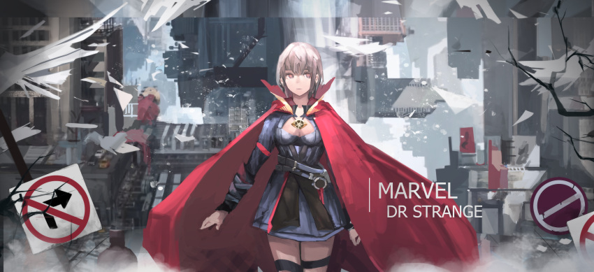1girl, absurdres, belt, blue_dress, breasts, building, cape, car, cleavage, copyright_name, doctor_strange, dress, eye_of_agamotto, genderswap, genderswap_(mtf), ground_vehicle, highres, jewelry, marvel, medium_breasts, motor_vehicle, pendant, road_sign, sign, silver_hair, skyscraper, solo, thigh-highs, tom23579, zettai_ryouiki