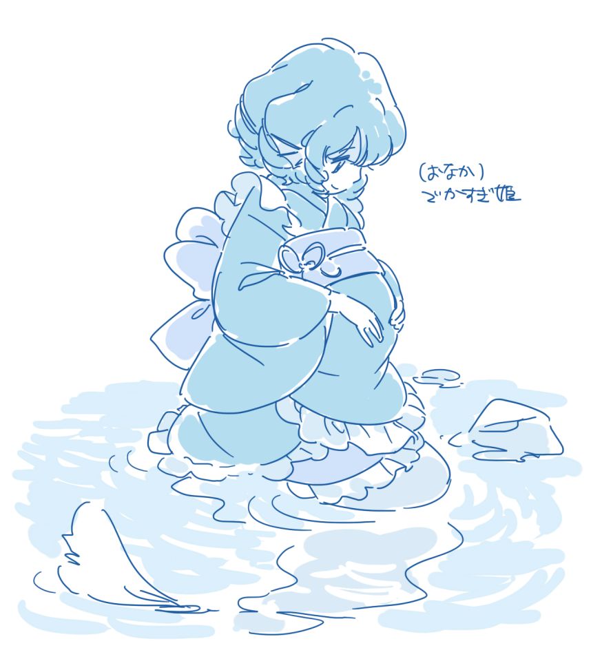 1girl, belly_rub, big_belly, japanese_clothes, kimono, mermaid, mitsumoto_jouji, monochrome, monster_girl, pregnant, pun, short_hair, smile, solo, touhou, wading, wakasagihime, water