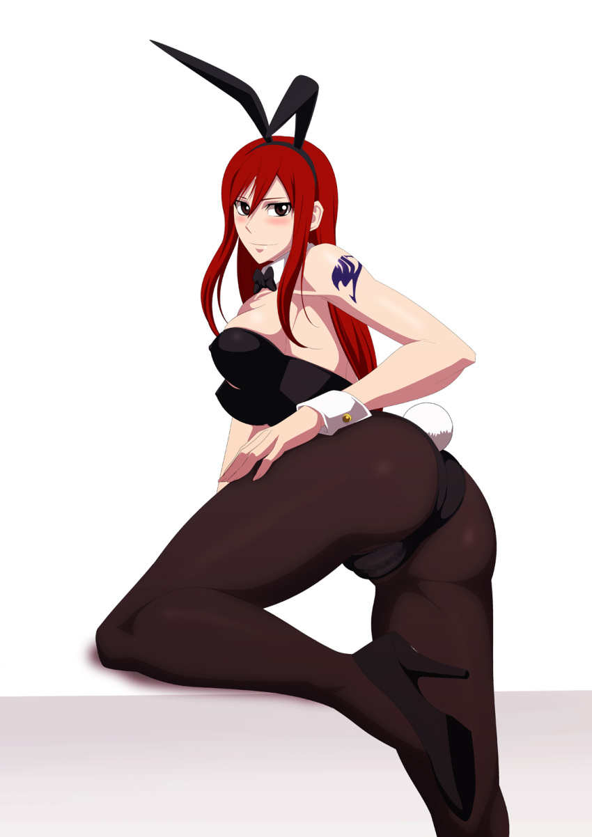 1girl, animal_ears, ass, bare_shoulders, breasts, bunnysuit, erza_scarlet, fairy_tail
