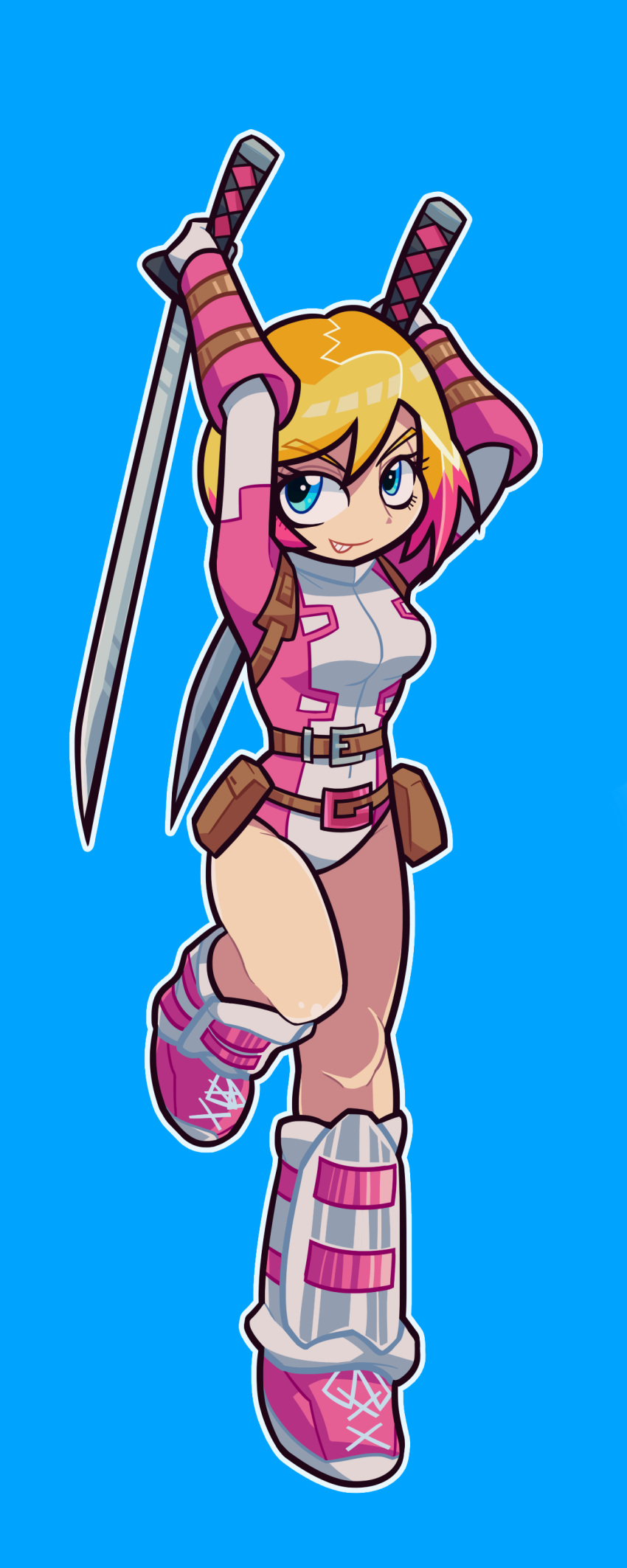 1girl, absurdres, awabuta, belt, blonde_hair, blue_background, blue_eyes, boots, dual_wielding, full_body, gwen_poole, gwenpool, highres, katana, leotard, marvel, multicolored_hair, pink_hair, pouch, smile, solo, superhero, sword, two-tone_hair, weapon