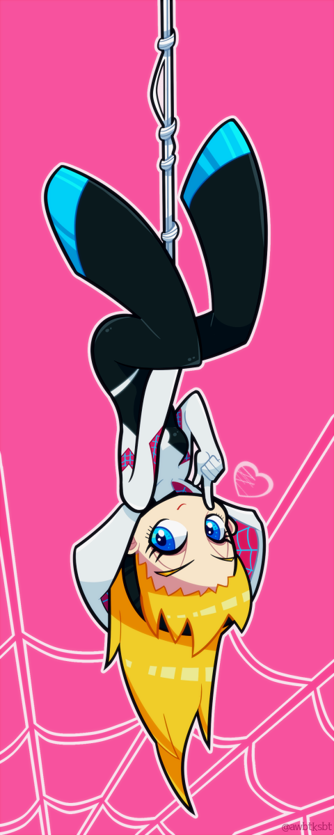 1girl, awabuta, blonde_hair, blue_eyes, full_body, gwen_stacy, hairband, heart