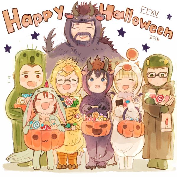 2girls, 5boys, beard, behemoth, candy, carbuncle_(final_fantasy), chocobo, facial_hair, fangs, father_and_son, final_fantasy, final_fantasy_xv, food, gladiolus_amicitia, glasses, halloween, halloween_costume, happy, happy_halloween, ignis_scientia, iris_amicitia, looking_at_viewer, lunafreya_nox_fleuret, moogle, multiple_boys, multiple_girls, noctis_lucis_caelum, pomiko, prompto_argentum, regis_lucis_caelum, sabotender, smile, tonberry, younger