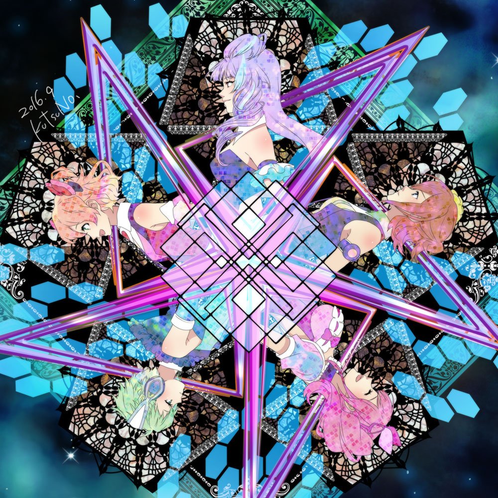 5girls, breasts, freyja_wion, green_hair, kaleidoscope, kaname_buccaneer, kutsuno, large_breasts