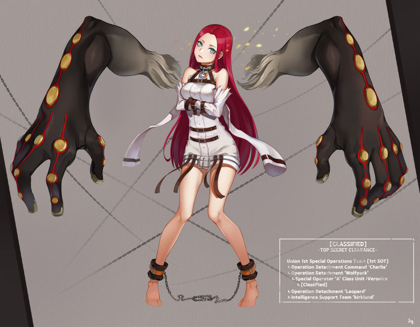 1girl, bare_shoulders, blue_eyes, bound, bound_ankles, bound_arms, chains, closers, detached_arms, full_body, highres, long_hair, looking_at_viewer, redhead, standing, straitjacket, torn_clothes, very_long_hair