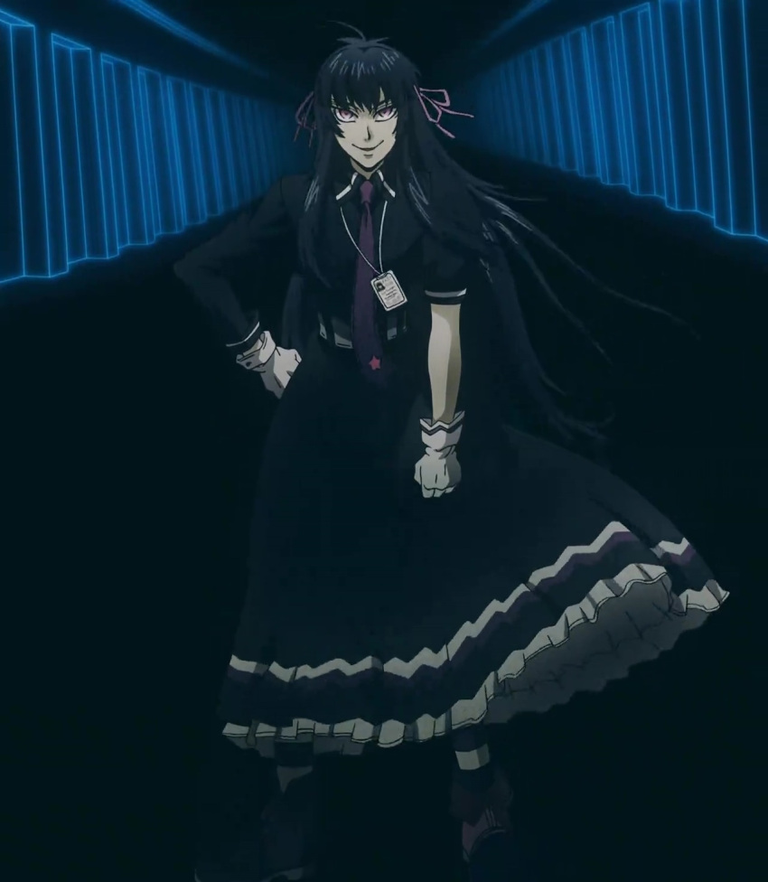 black_dress, black_hair, drifters, easy_(drifters), frilled_dress, frills, gloves, id_card