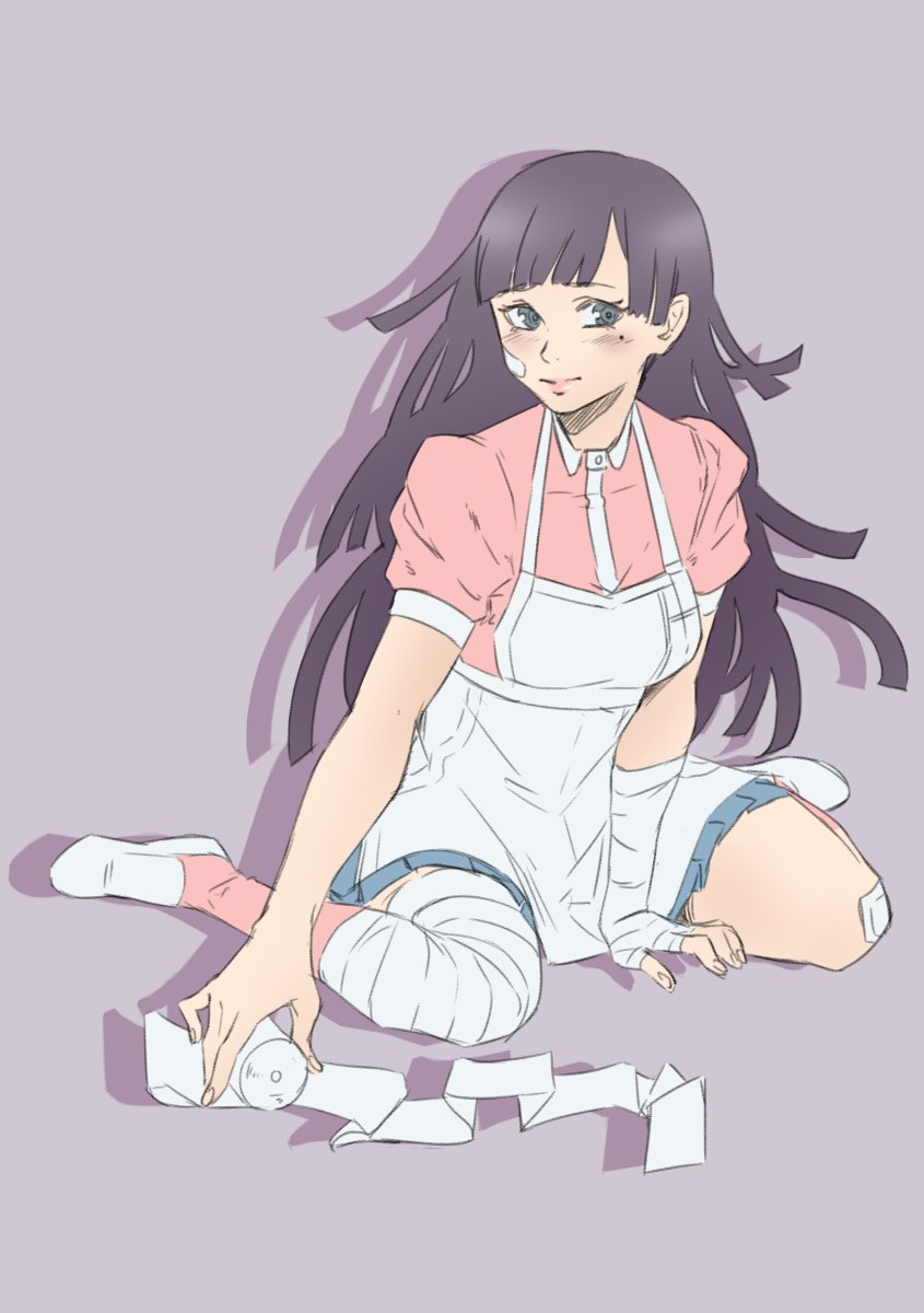 1girl, bandage, dangan_ronpa, highres, imdsound, long_hair, purple_hair, simple_background