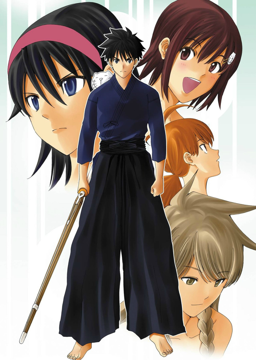 1boy, 4girls, asahina_kiki, bamboo_blade, bamboo_blade_c, black_hair, blue_eyes, braid, brown_eyes, brown_hair, cat, hairband, highres, japanese_clothes, kendo, kurosu_chiko, long_hair, multiple_girls, nabeyama_sami, official_art, ootsuka_maruko, orange_hair, sakudou_suzuharu, shinai, short_hair, sword, takao_jingu, weapon