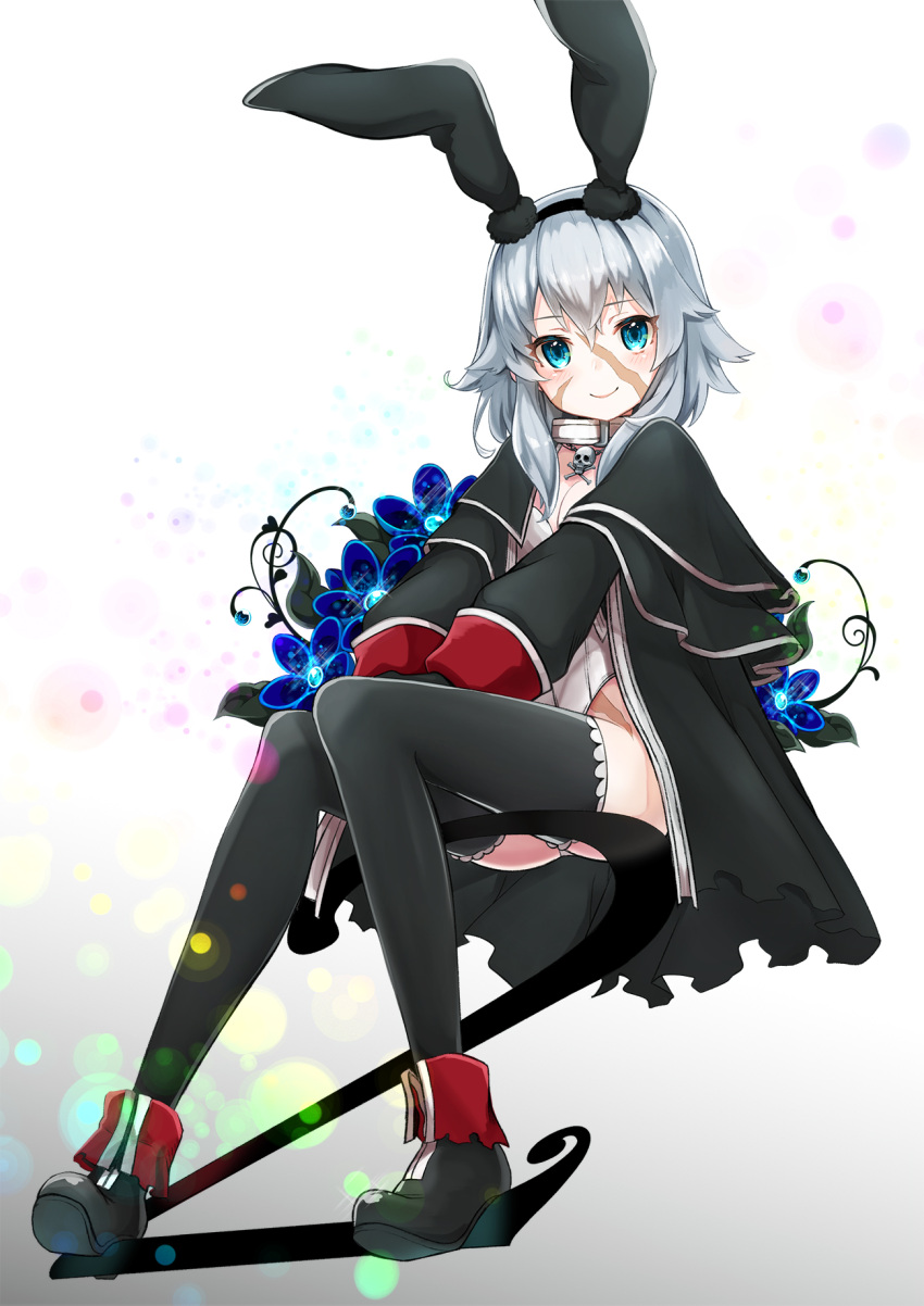 1girl, animal_ears, black_legwear, blue_eyes, blush, boots, breasts, capelet