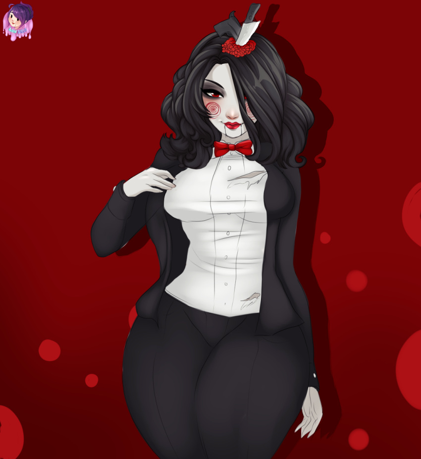 1girl, alternate_costume, artist_name, black_hair, black_pants, breasts, izanami_(smite), law-zilla, long_hair, pants, red_background, red_eyes, red_ribbon, shirt, smite, torn_shirt, white_shirt, white_skin