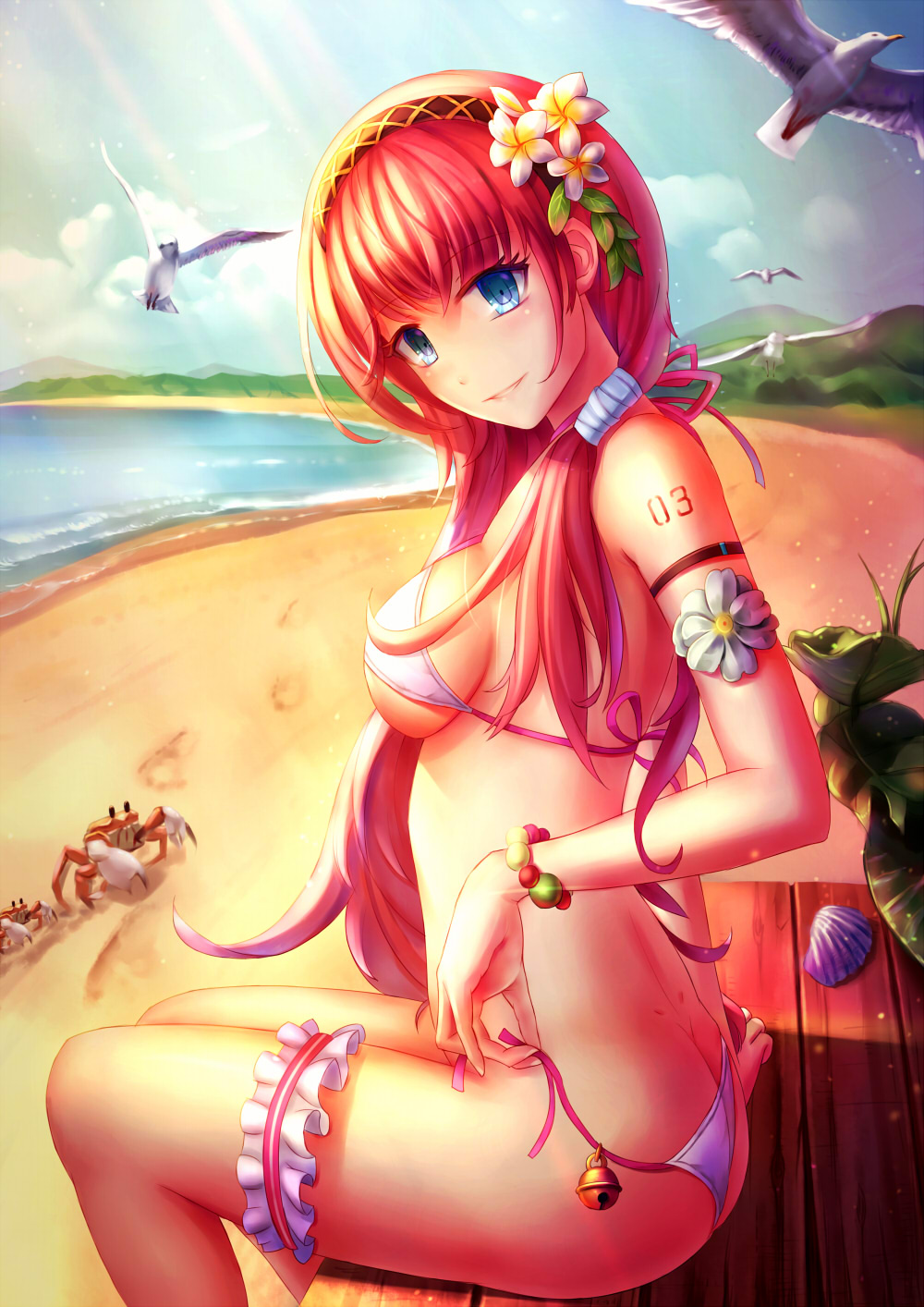 1girl, ass, beach, bell, bikini, bird, blue_eyes, bracelet