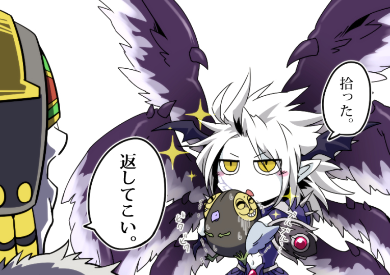0nodera, 2boys, beak, bird, blush, creature, darklord_morningstar, darklord_tezcatlipoca, demon_wings, head_wings, mask, multiple_boys, navel, raven, ritual_raven, sweat, text, white_background, white_hair, white_skin, wings, yellow_eyes, yu-gi-oh!, yuu-gi-ou_duel_monsters