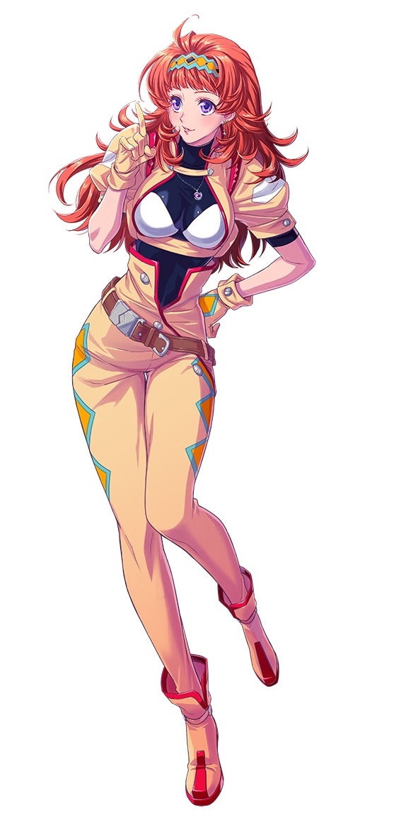 1girl, breasts, charlotte_hasting, long_hair, orange_hair, smile, solo, super_robot_wars