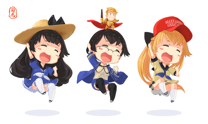 1boy, 3girls, ^_^, ^o^, arm_up, black_hair, black_legwear, blonde_hair