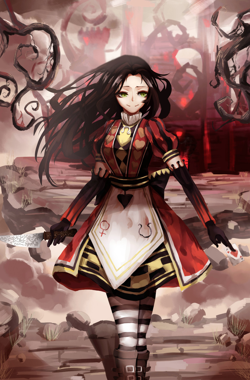 1girl, alice:_madness_returns, alice_in_wonderland, american_mcgee's_alice, black_hair, boots, card, castle