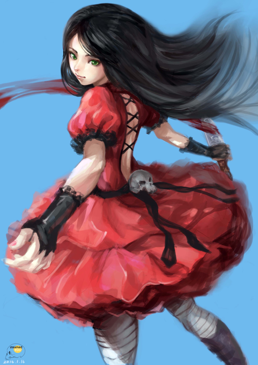 1girl, alice:_madness_returns, alice_in_wonderland, american_mcgee's_alice, black_hair, boots, bridal_gauntlets, dress