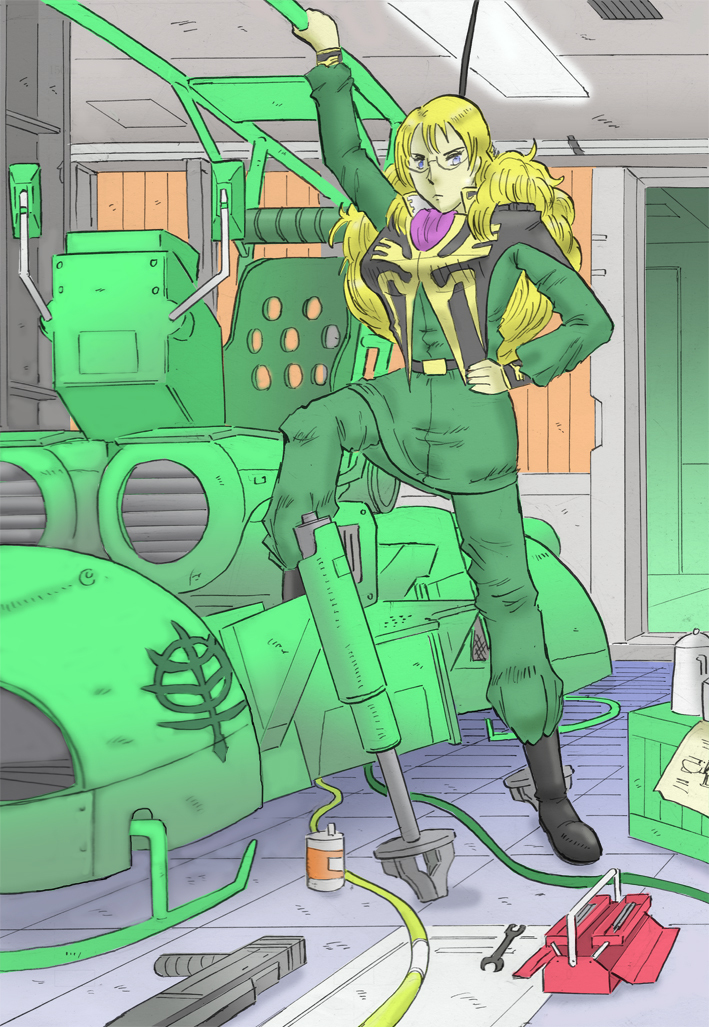 1girl, belt, blonde_hair, blue_eyes, boots, cravat, glasses, gundam