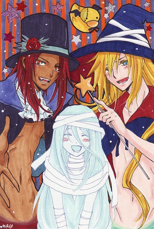 3boys, blonde_hair, blush, cape, fang, flower, halloween, hat