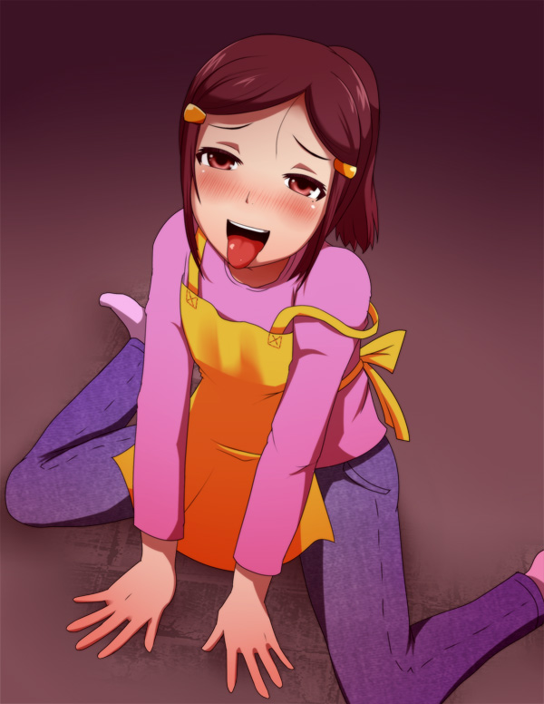 10s, 1boy, ahegao, apron, brown_eyes, brown_hair, crossdressinging, enatsu_(pokemon)