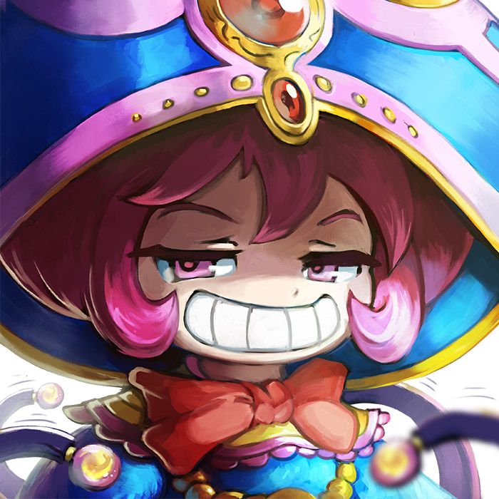 1girl, abyssal_wing_sae, brave_frontier, grin, hat, pink_eyes, pink_hair, sae_(brave_frontier)