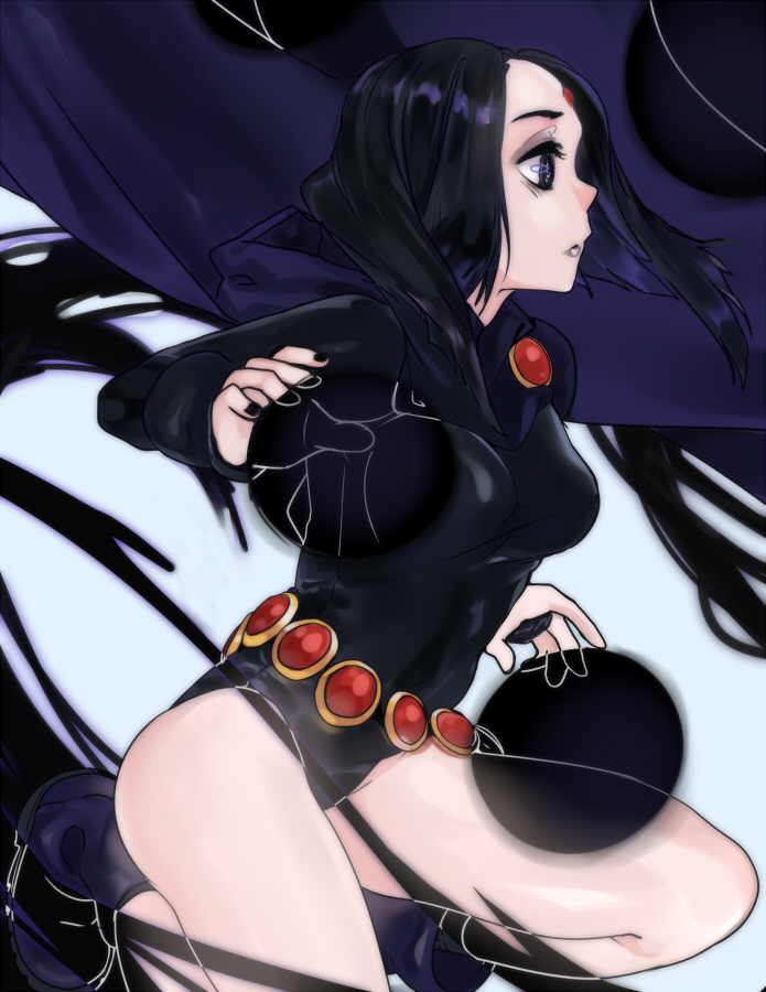 1girl, aura, cape, dark_aura, dc_comics, forehead_jewel, girutea, hood