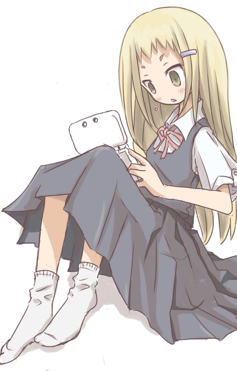 1girl, black_skirt, blonde_hair, hair_ornament, hairclip, handheld_game_console, nintendo, nintendo_3ds