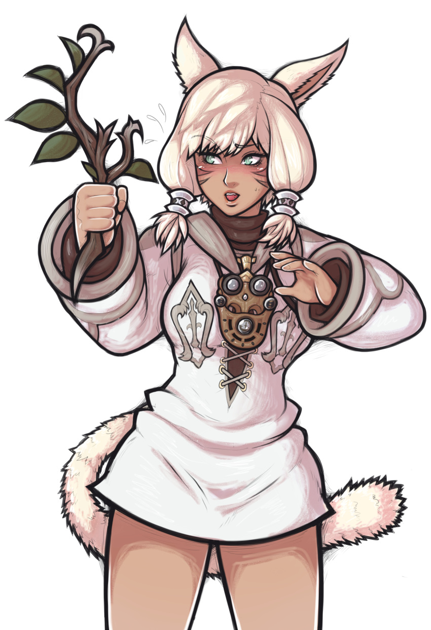 1girl, blush, bottomless, cat_ears, cat_tail, facial_mark, final_fantasy, final_fantasy_xiv