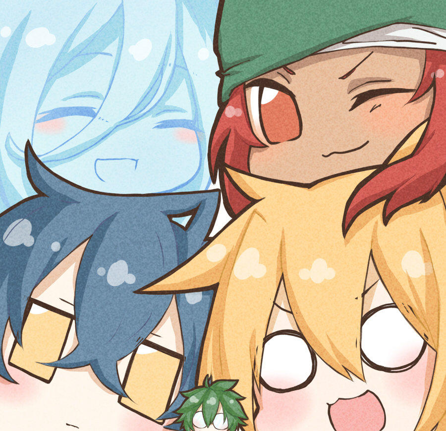 5boys, black_hair, blonde_hair, blue_hair, blush, glasses, green_hair, long_hair