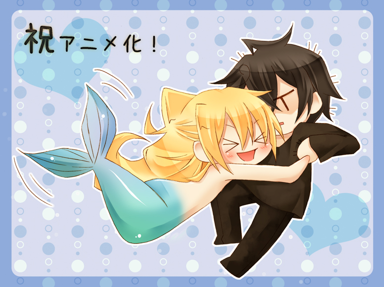 2boys, black_hair, blonde_hair, blush, long_hair, male_focus, merman, monster_boy