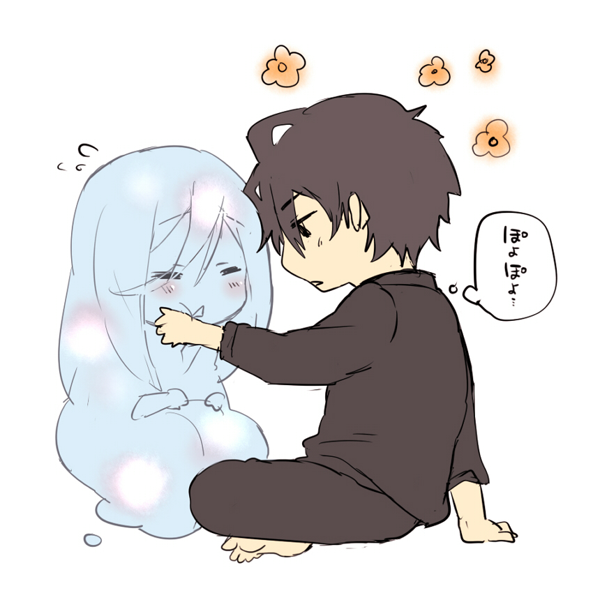 2boys, aco, black_hair, blush, long_hair, male_focus, mikuni_(orenchi_no_furo_jijou), monster_boy