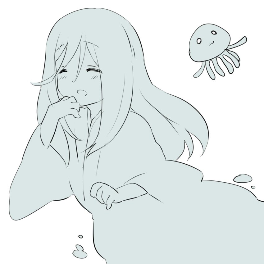 1boy, aco, blush, bubbles, jellyfish, long_hair, male_focus, mikuni_(orenchi_no_furo_jijou)