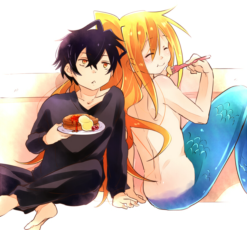 2boys, aco, bathtub, black_hair, blonde_hair, blush, cherry, food