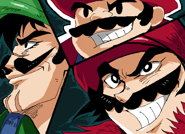 3boys, artist_request, black_hair, crossover, facial_hair, getter_robo, hat, luigi
