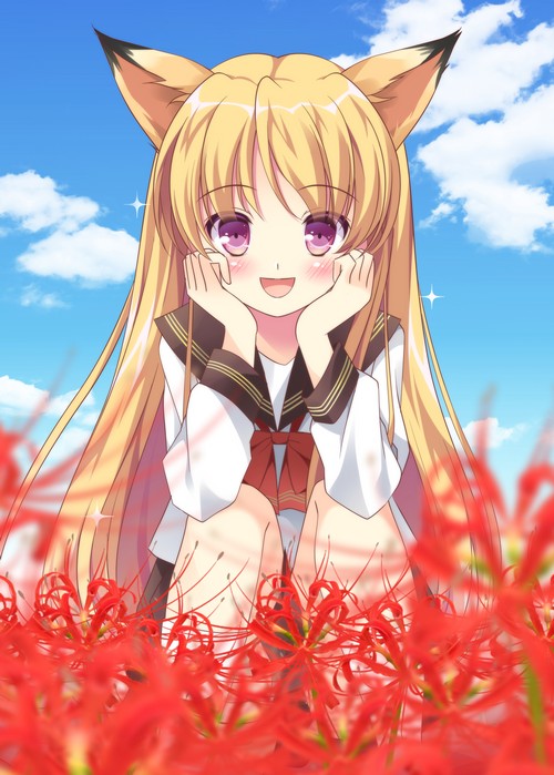 1girl, :d, animal_ears, arm_support, blonde_hair, blurry, depth_of_field, flower