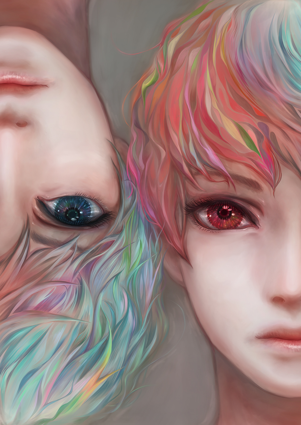 afrostar, aqua_hair, bangs, blonde_hair, blue_eyes, blue_hair, character_request, close-up