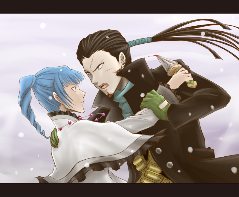1girl, ange_serena, beard, black_hair, blue_eyes, blue_hair, breasts, capelet