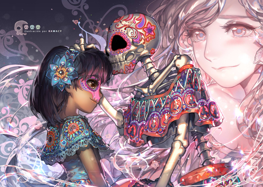 2girls, black_hair, bones, dark_skin, dia_de_los_muertos, dress, facepaint, flower, forehead_kiss, hair_flower, hair_ornament, hairband, hand_on_head, kawacy, kiss, mexican, mother_and_daughter, multiple_girls, original, skeleton