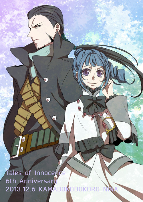 1girl, ange_serena, beard, belt, black_eyes, black_hair, blue_hair, capelet