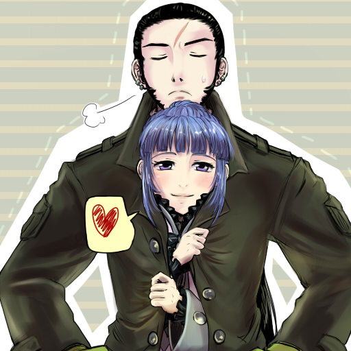 1boy, 1girl, ange_serena, beard, blue_hair, blush, capelet, closed_eyes