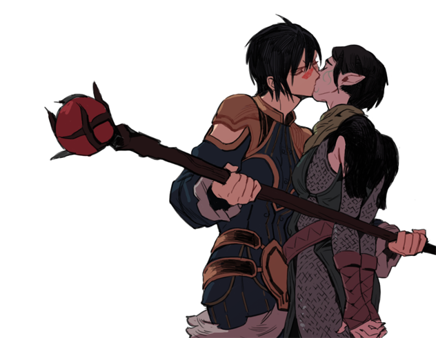 2girls, 2gold, arms_behind_back, black_hair, closed_eyes, dragon_age, dragon_age_2, elf