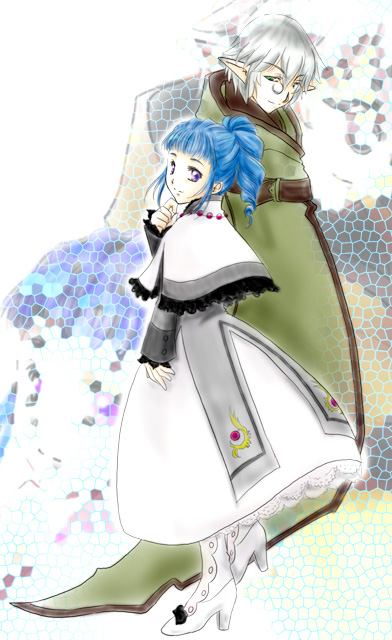 1boy, 1girl, ange_serena, belt, blue_eyes, blue_hair, capelet, cloak