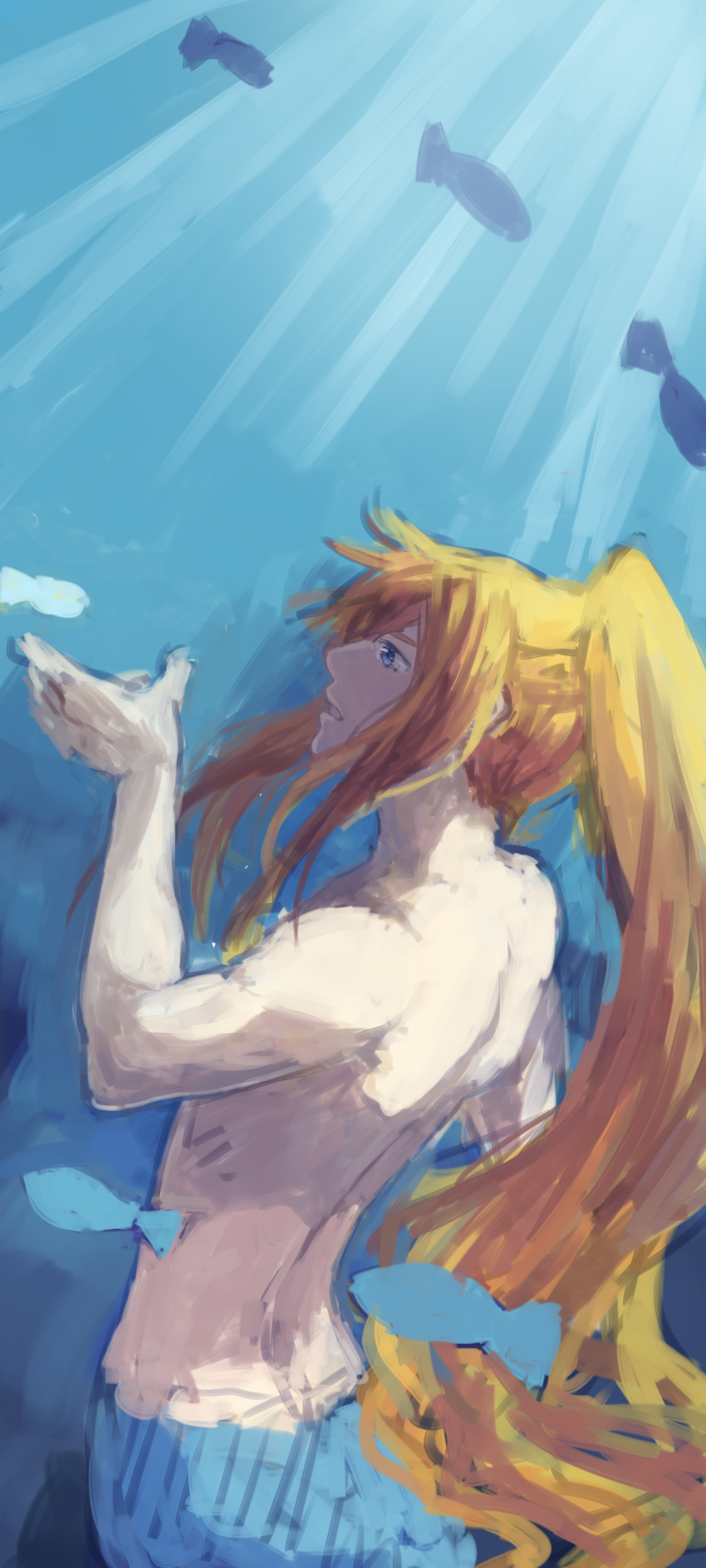 1boy, artist_request, blonde_hair, blue_eyes, fish, long_hair, male_focus, merman