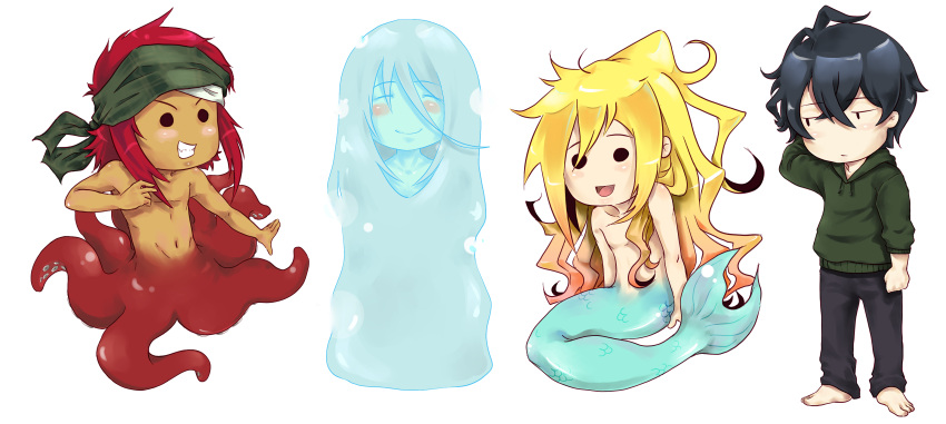 4boys, black_hair, blonde_hair, blush, dir.ge, long_hair, male_focus, merman, mikuni_(orenchi_no_furo_jijou), monster_boy, multiple_boys, orenchi_no_furo_jijou, redhead, short_hair, takasu, tatsumi_(orenchi_no_furo_jijou), tentacle, wakasa, water