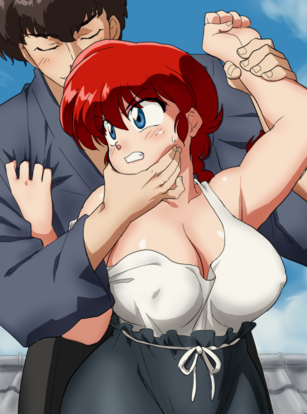 1boy, 1girl, angry, blue_eyes, blush, braid, breasts, chin_grab