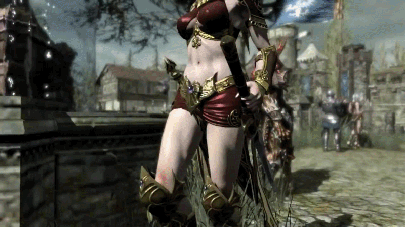 1girl, 3d, animated, animated_gif, armor, bouncing_breasts, breasts, elf