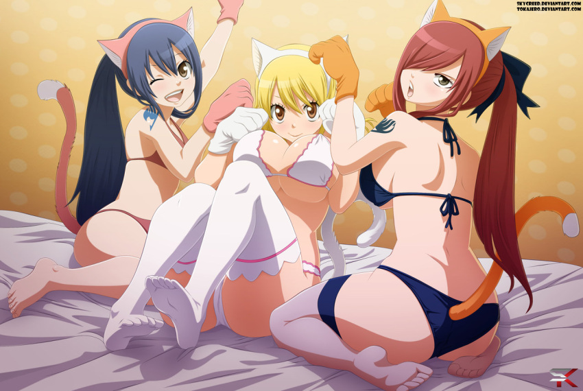3girls, barefoot, bikini, blonde_hair, blue_hair, breasts, cat_ears, cat_tail