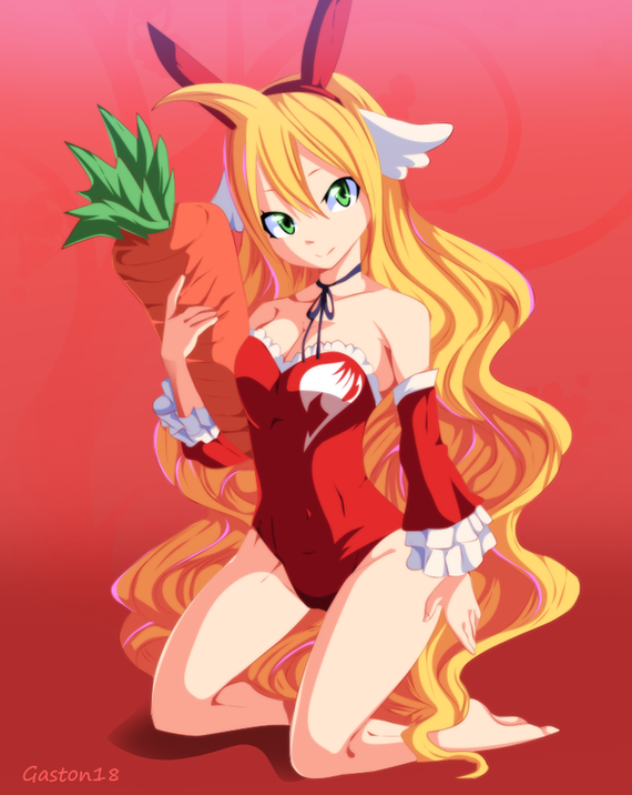 1girl, animal_ears, bare_shoulders, barefoot, blonde_hair, breasts, bunnysuit, carrot