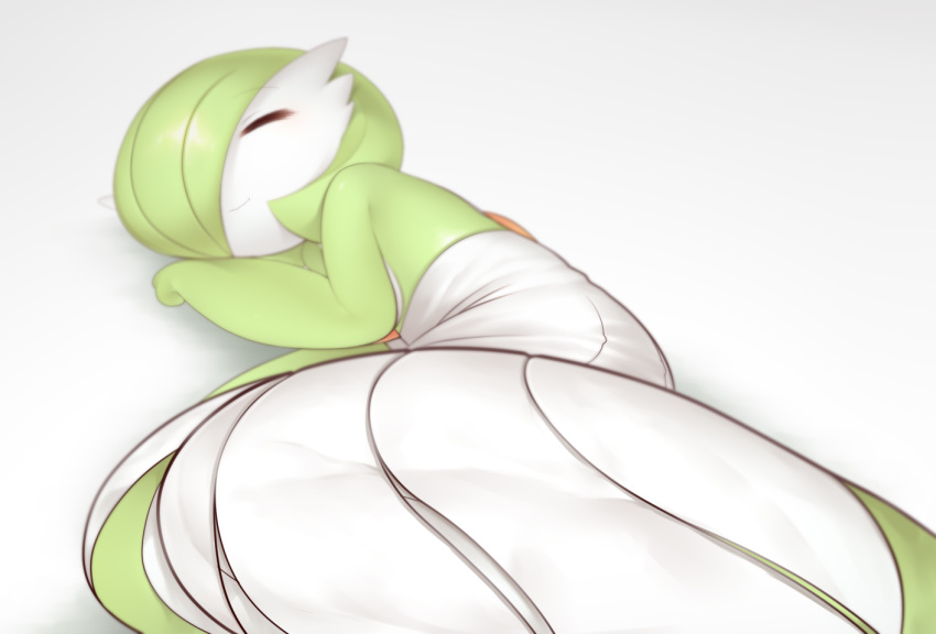 closed_eyes, dress, gardevoir, green_hair, lotosu, lying_down, nintendo, no_humans