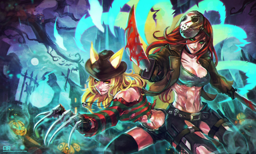 2girls, a_nightmare_on_elm_street, abs, ahri, aura, blood, bloody_weapon, breasts