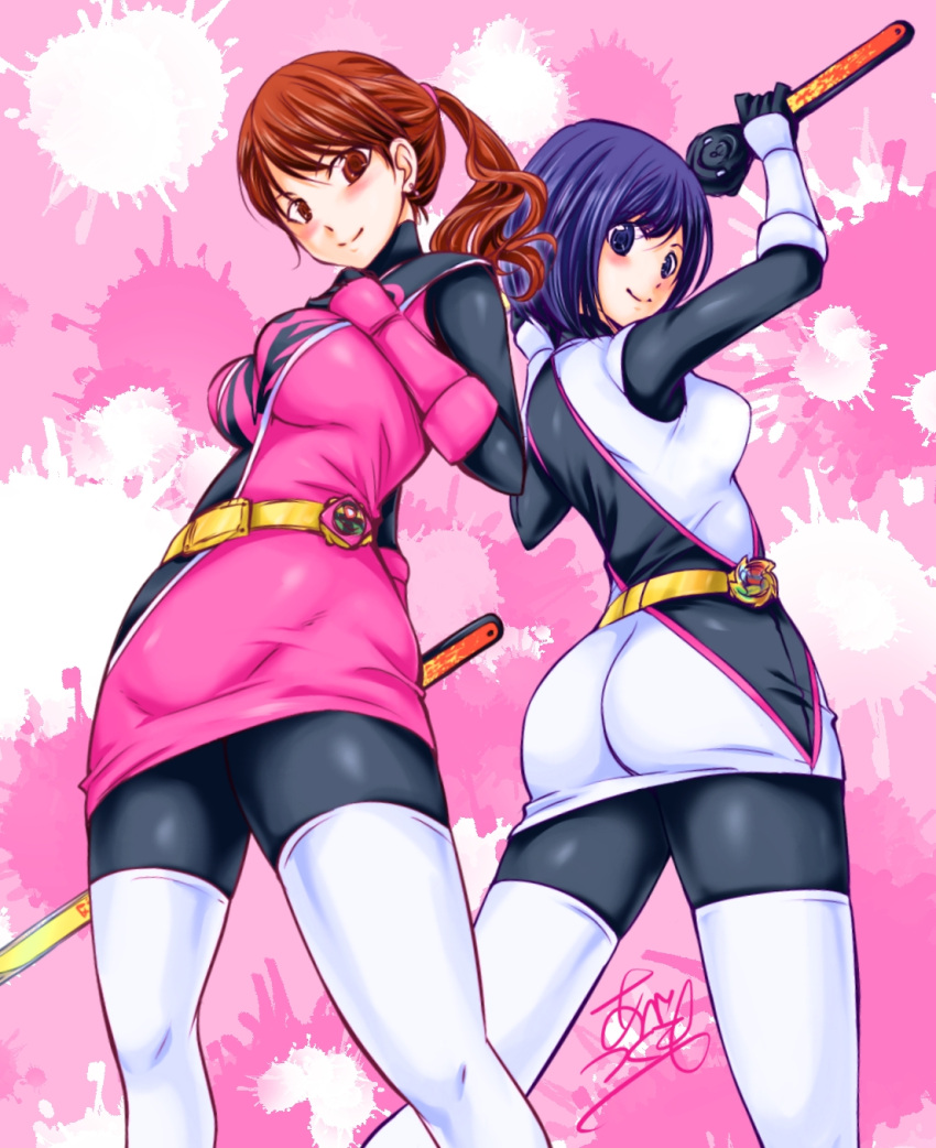 2girls, abe_tsukumo, ass, blush, boots, breasts, gloves, gradient