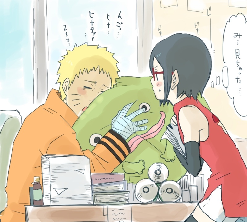 1boy, 1girl, bandaged_arm, black_hair, blonde_hair, desk, glasses, japanese
